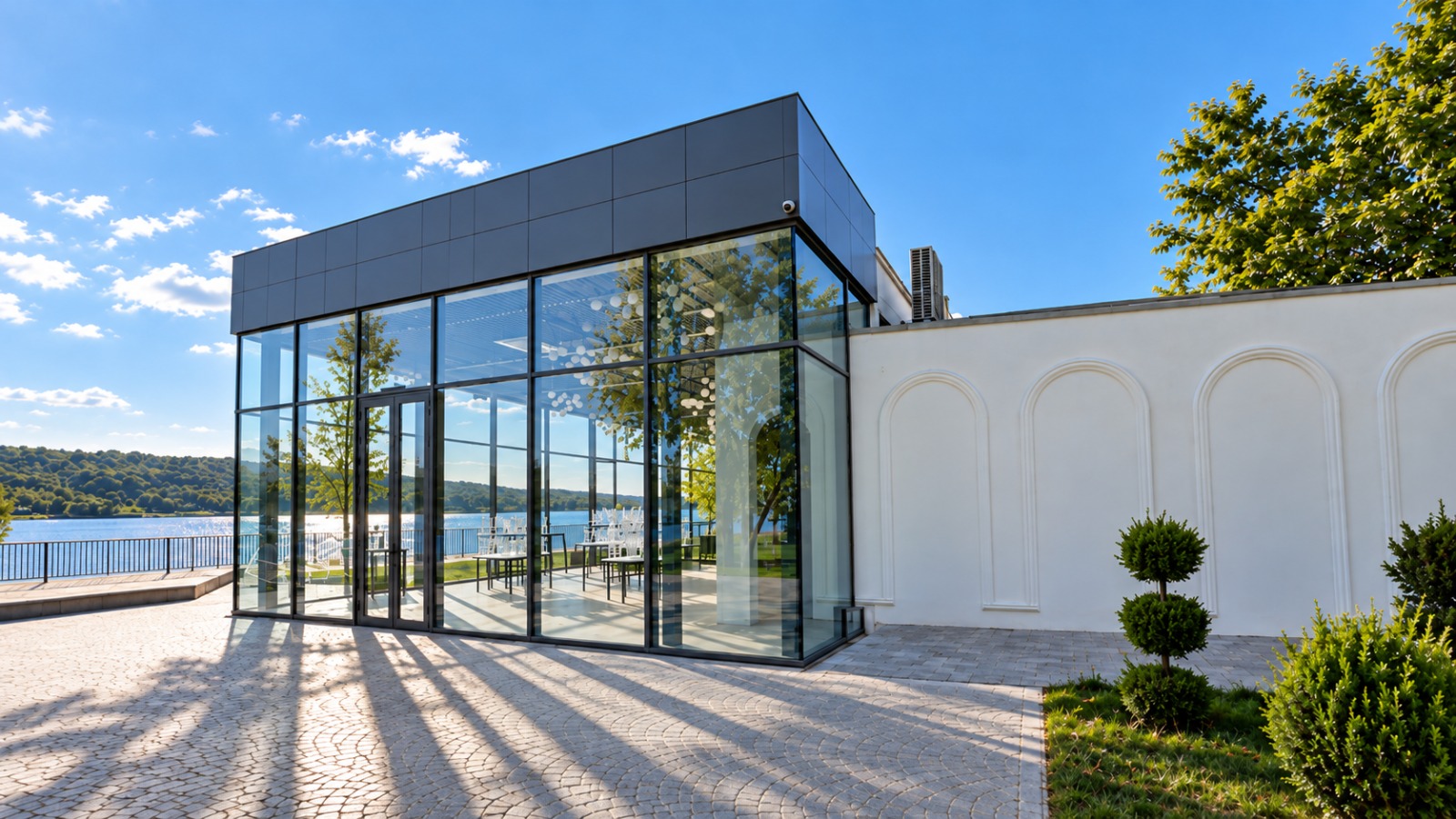 Pavilion cu vitraje structurale realizat de Consvitraliu Glass