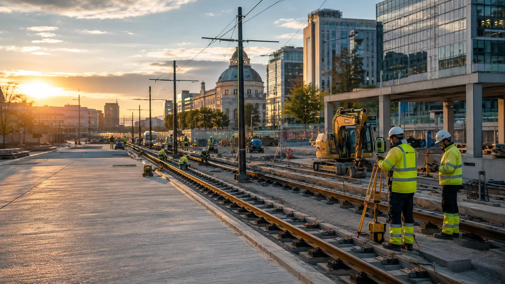 Lucrări de infrastructură feroviară și urbană cu linii de tramvai, utilaje și echipă tehnică pe șantier